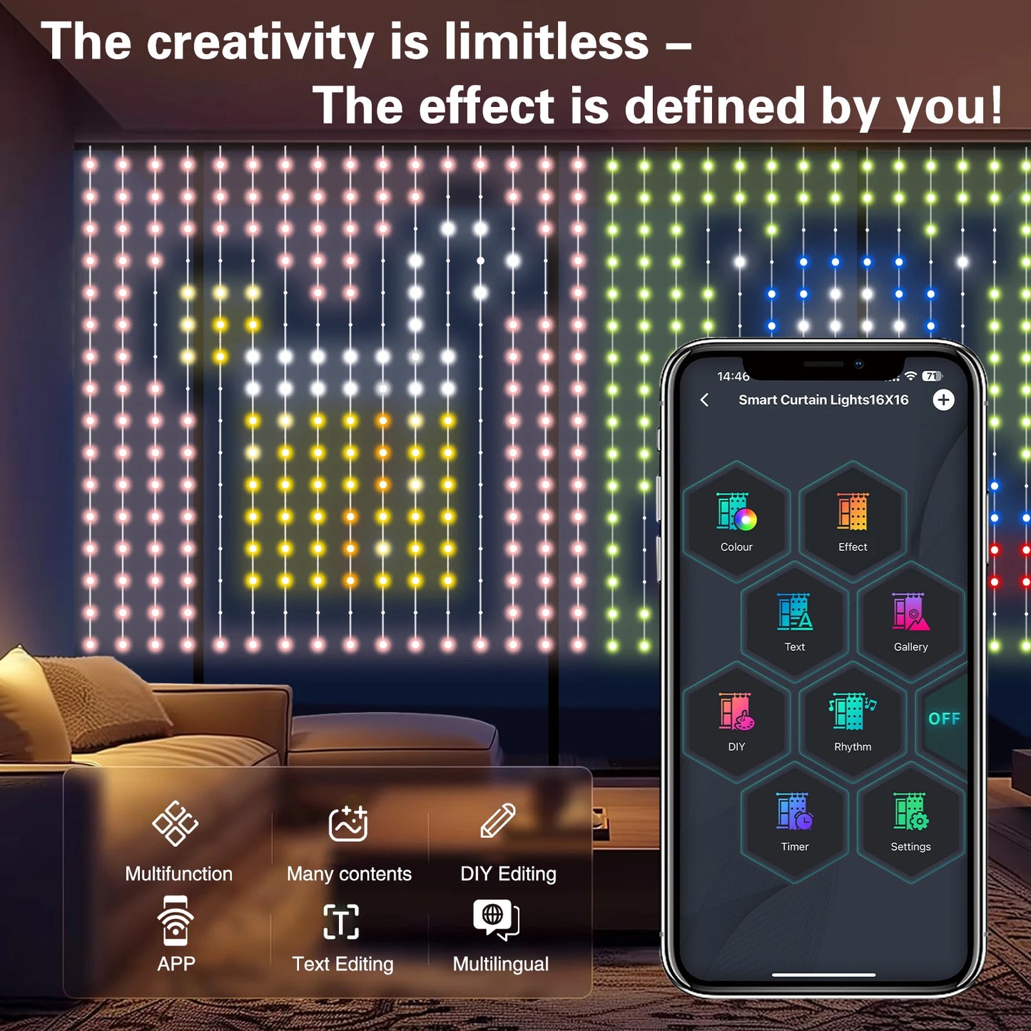 Intelligent RGB Curtain Light String Support Connect APP Support DIY Programming Subtitle Lights, LED Curtain Decorative Ligh