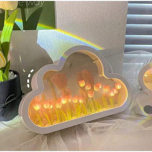 Creative LED Tulip Handmade DIY Cloud Night Light Girl Bedroom Ornaments Photo Frame Mirror Table Lamps Bedside Birthday Gifts