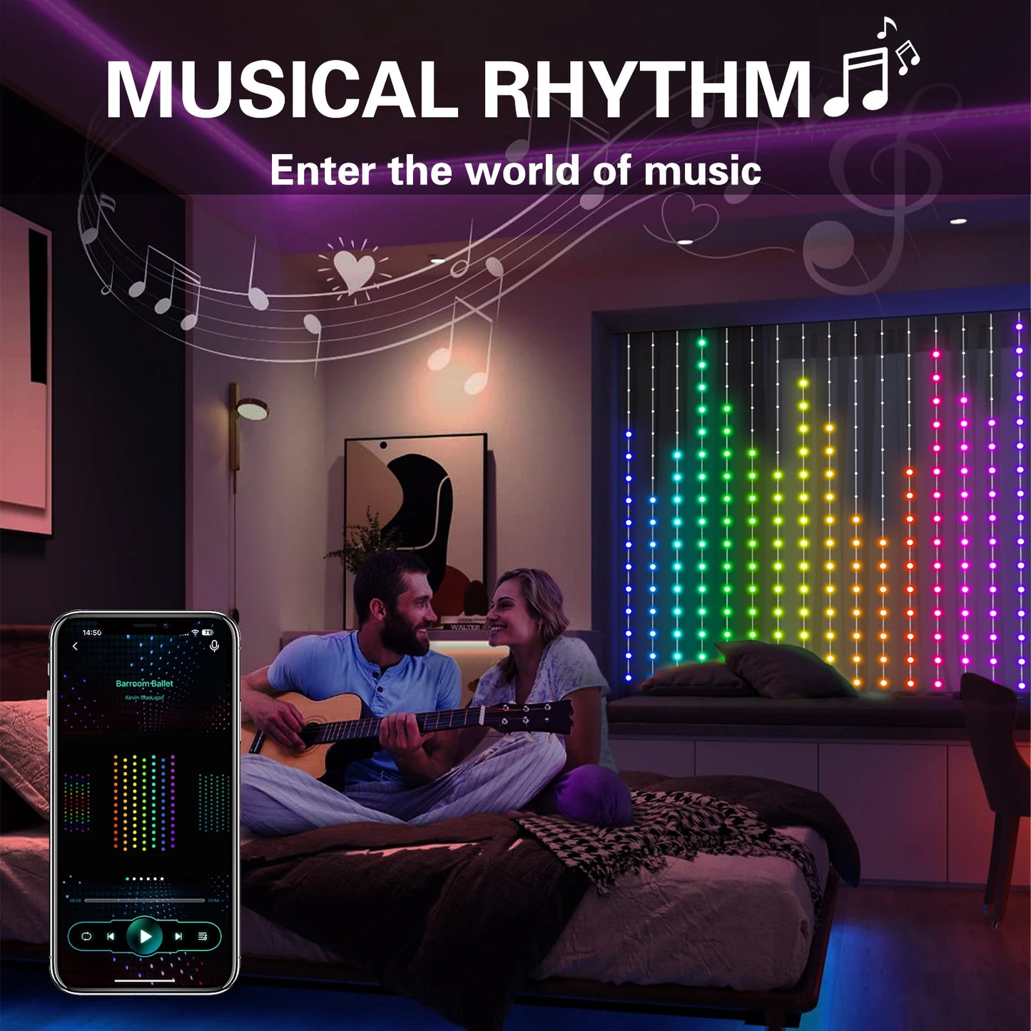 Intelligent RGB Curtain Light String Support Connect APP Support DIY Programming Subtitle Lights, LED Curtain Decorative Ligh